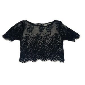 Rehab Womens Solid Black Sheer Lace Short Sleeve Crop Top Cotton Nylon Small